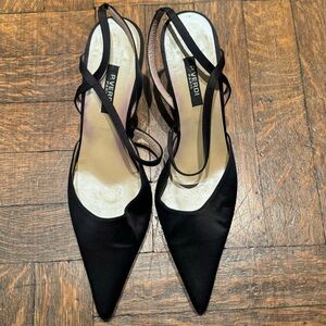 P. Verdi Paris Vintage Black Satin Pointy Sling Back Strappy Kitten Heels SZ 8.5